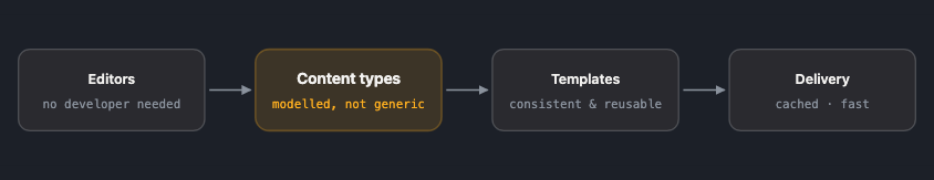 Content is modelled around what it actually is, so editors work in fields that make sense rather than fighting a page builder — and the front end stays fast under load.